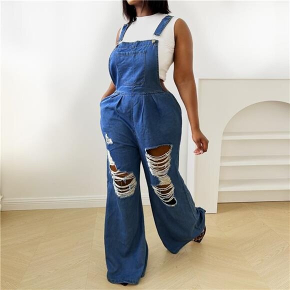 New Women’s Ripped Denim Overalls | Wide-Leg Cargo Jumpsuit | Adjustable Strap - Picture 4 of 7